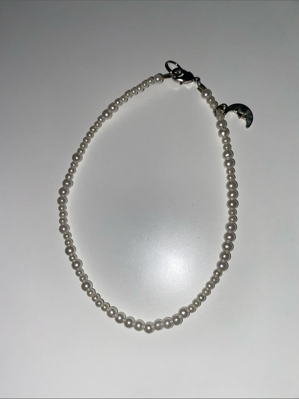 Pearl Bead Bracelet or Anklet with Crescent Moon Charm - Large or 10 inches